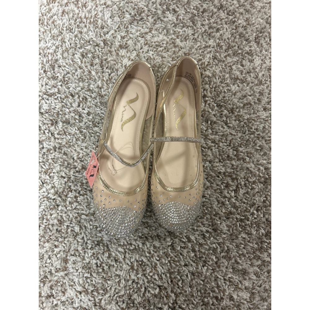 Nina Kids Gold Rhinestone Mary Jane Flats Memory Foam Dress Shoes Size 4M
